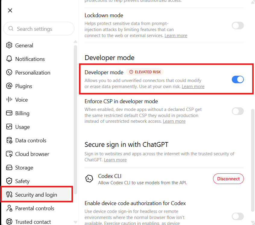Nastavení ChatGPT – zapnutý Developer mode v sekci Security and login
