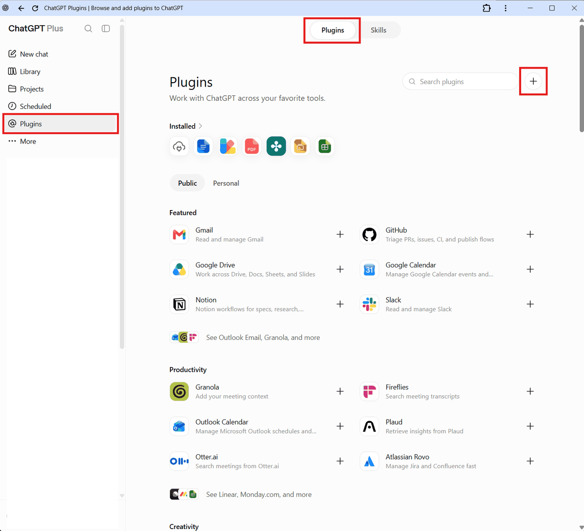 Stránka Plugins v ChatGPT s tlačítkem + pro přidání vlastního pluginu