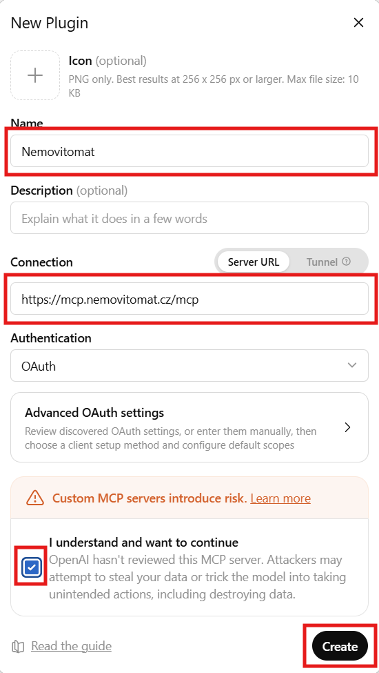 Dialog New Plugin s vyplněným názvem, adresou serveru a OAuth