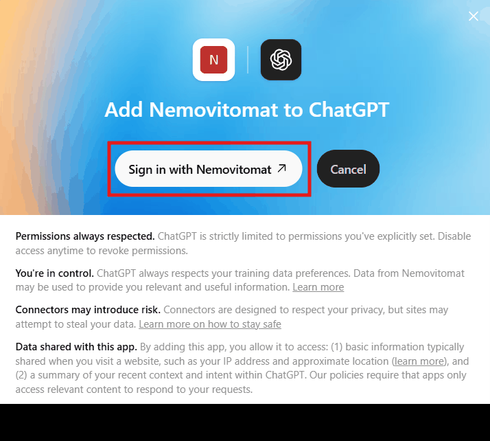 Obrazovka Add Nemovitomat to ChatGPT s tlačítkem Sign in with Nemovitomat
