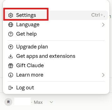 Menu uživatele v Claude s položkou Settings