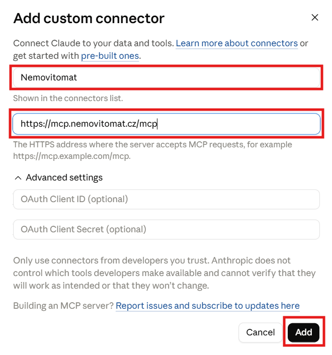 Dialog Add custom connector s názvem Nemovitomat a adresou serveru