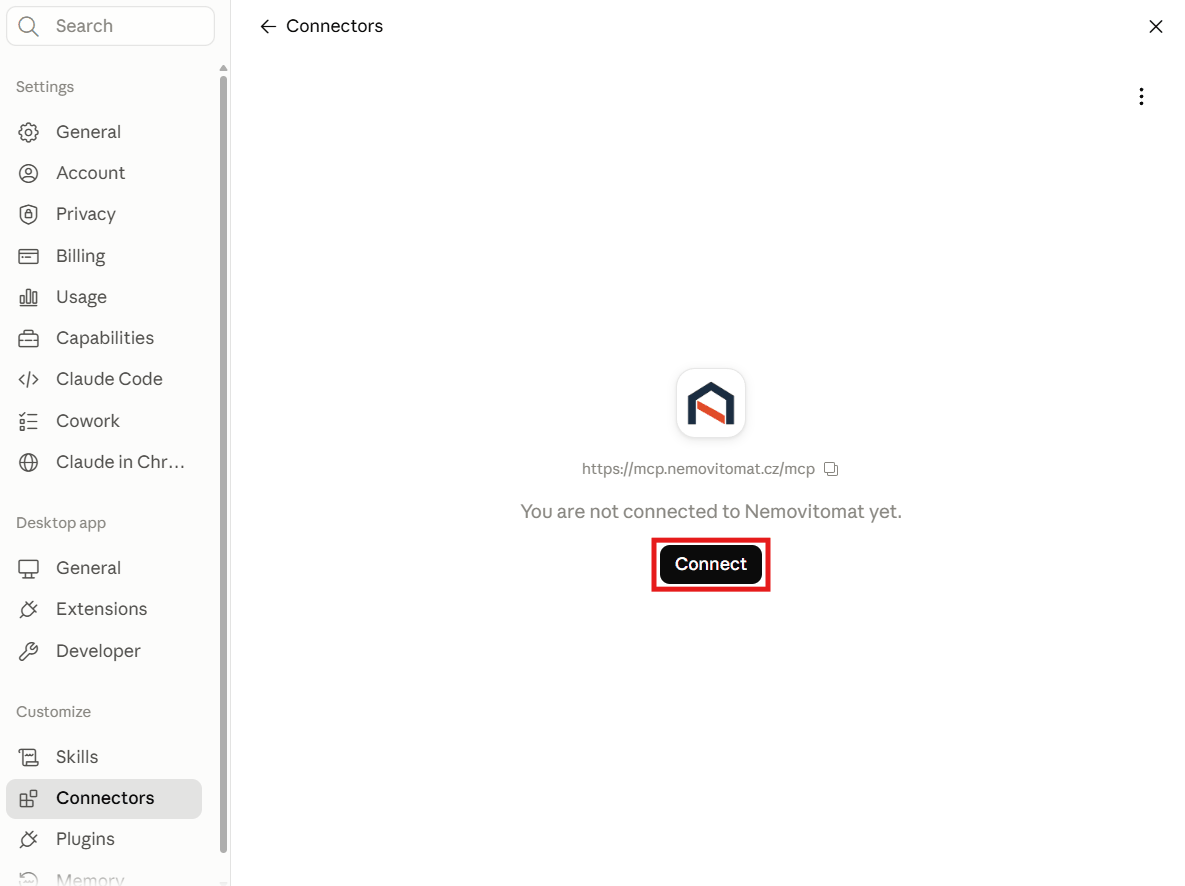 Karta connectoru Nemovitomat v Claude s tlačítkem Connect
