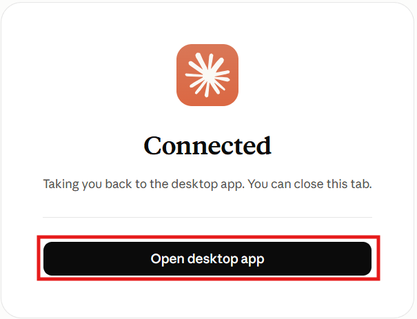 Potvrzení Connected s tlačítkem Open desktop app
