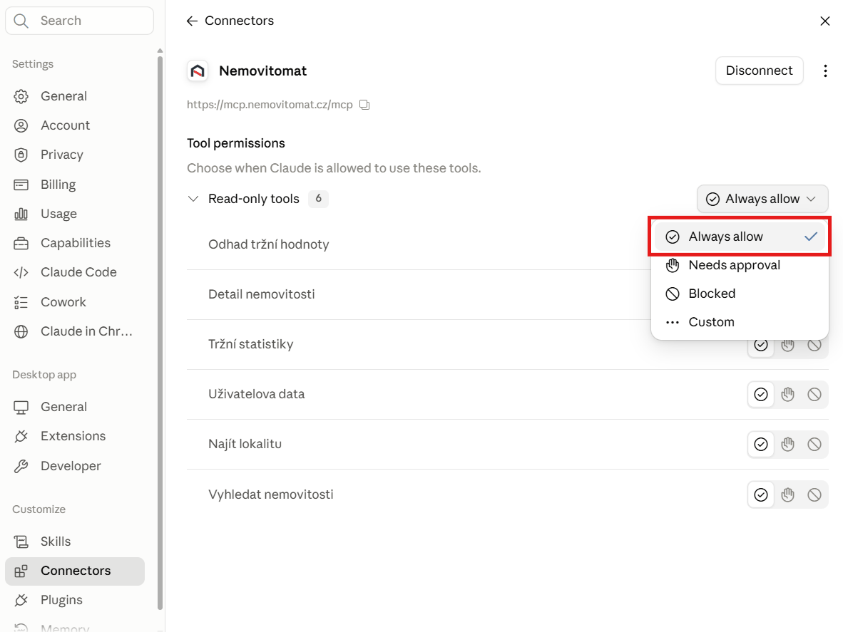 Tool permissions connectoru Nemovitomat s volbou Always allow