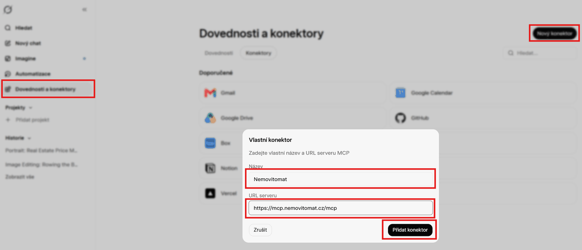 Grok – Dovednosti a konektory, dialog Vlastní konektor s názvem a URL serveru MCP